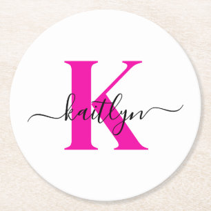 Heet Roze Zwarte Initiële Naam Monogram Ronde Kartonnen Onderzetter