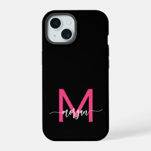 Heet Roze Zwarte Moderne Script Meisjesachtige Mon iPhone 15 Hoesje