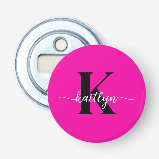 Heet Roze Zwarte Monogram Button Flesopener (Voorkant)