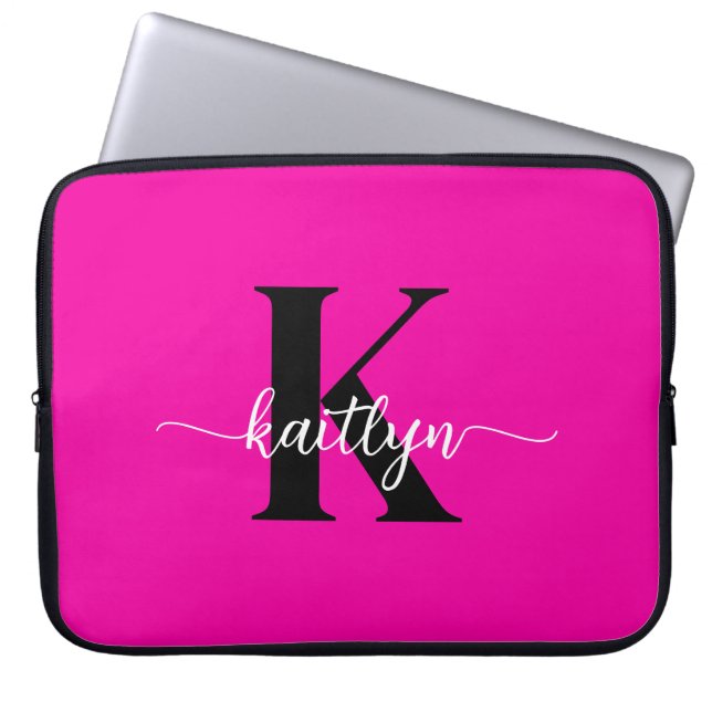 Heet Roze Zwarte Monogram Laptop Sleeve (Voorkant)