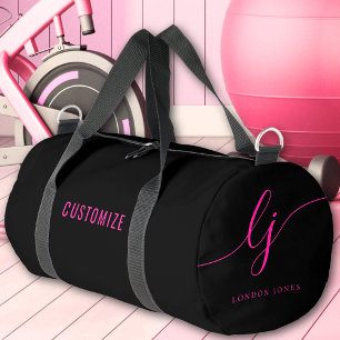 Heet Roze Zwarte Monogram Script Naam Meisjes Plunjezak