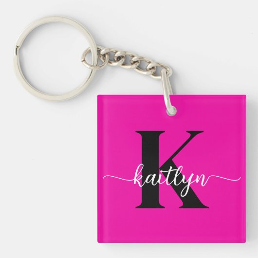 Heet Roze Zwarte Monogram Sleutelhanger (Voorkant)