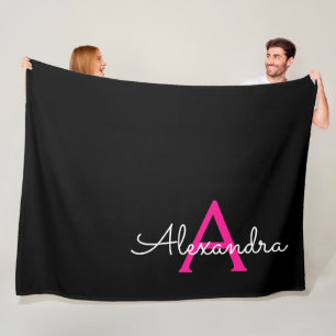 Heet Roze Zwarte Script Meisjesachtige Monogram Na Fleece Deken