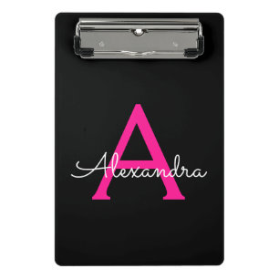 Heet Roze Zwarte Script Meisjesachtige Monogram Na Mini Klembord
