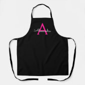 Heet Roze Zwarte Script Meisjesachtige Monogram Na Schort (Voorkant)