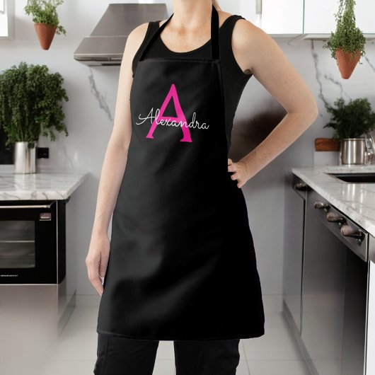 Heet Roze Zwarte Script Meisjesachtige Monogram Na Schort