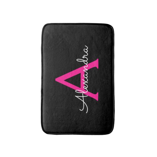 Heet roze zwarte script meisjesnaam monogram badmat (Voorkant Verticaal)