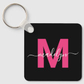 Heet Roze Zwarte Script Naam Monogram Sleutelhanger (Voorkant)