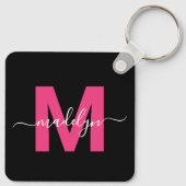 Heet Roze Zwarte Script Naam Monogram Sleutelhanger (Achterkant)