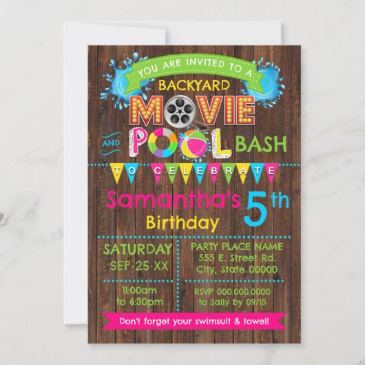 Heet Roze Zwembad en Film Verjaardag Zomer Bash Kaart (Voorkant)