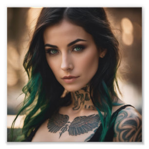Heet Tattoo Meisje Zwart Groen Ombre Haar Foto Afdruk