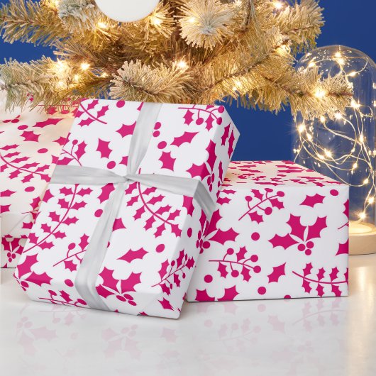 Heet Wit en Roze Kerstmis Holly Cadeaupapier (Feestdagen)