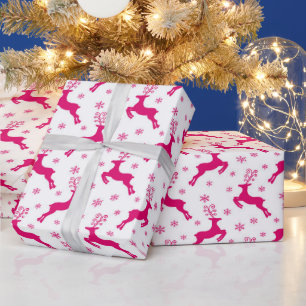 Heet Wit & Roze Winter Kerst Reindeer Cadeaupapier
