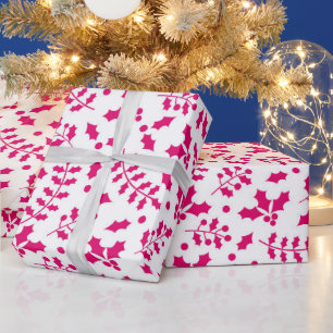 Heet Wit & Roze Winter Kerstmis Hulst Cadeaupapier
