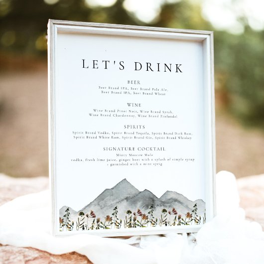 HEIDI Boho Mountain Flower Let's Drink Bar Menu Poster