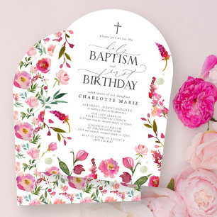 Heilig Doopsel & 1e Verjaardag Roze Bloemen Waterv Kaart