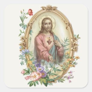 HEILIG HART VAN JEZUS BLOEMEN RELIGIEUS VIERKANTE STICKER