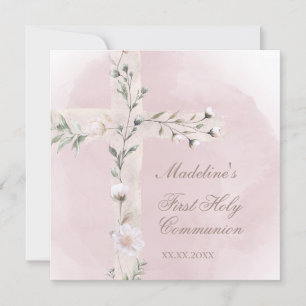 Heilig Kruis op stoffige roze Eerste Heilige Commu Kaart