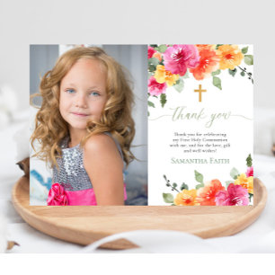 Heilige Communie Doop heldere bloemen dank u Kaart