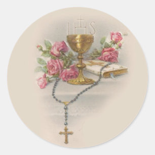 Heilige Communie Rozenkrans Eucharistie Kelk Bijbe Ronde Sticker