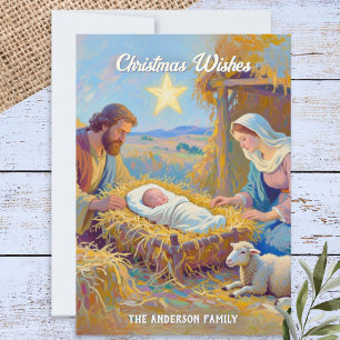 Heilige Familie Baby in Kribbe Kerststal Kunst Ker Feestdagenkaart