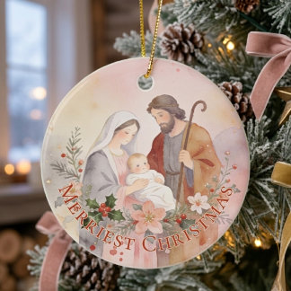 Heilige Familie Roze Pastel Waterverf Kerst TMF26 Keramisch Ornament