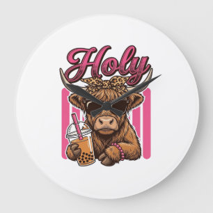 Heilige Hooglandkoe Vintage Boba Thee Shirt Ontwer Grote Klok