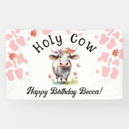 Heilige Koe 1e Verjaardag Waterverf Roze Spandoek