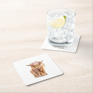 Heilige Koe Baby shower Boho Highland Kalf Vierkante Kartonnen Onderzetter