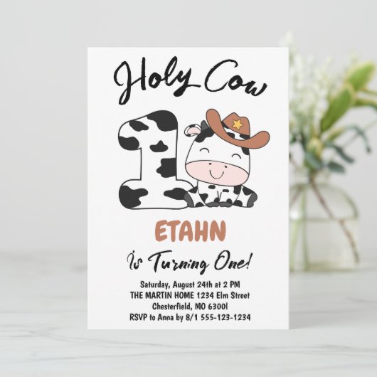 Heilige Koe Ik ben 1 Jongen Uitnodiging 1-jarig (Staand voorkant)