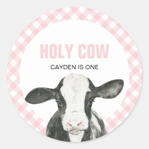Heilige koe ik ben één roze ruitjes verjaardag ronde sticker