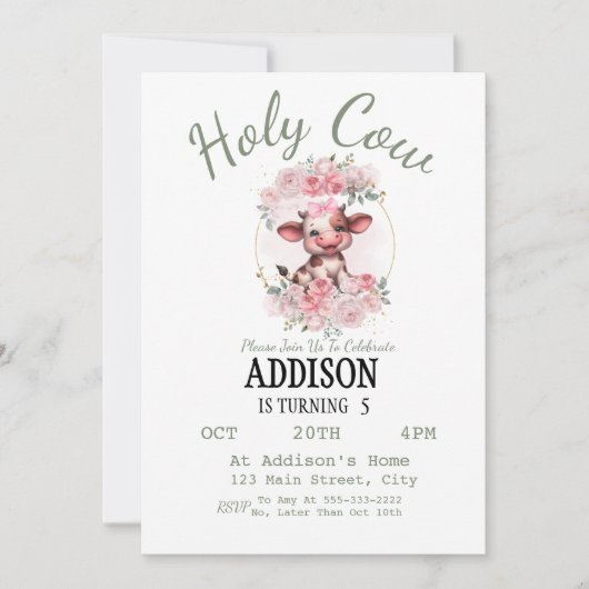 Heilige Koe Meisje 5e Verjaardag Uitnodiging (Voorkant)