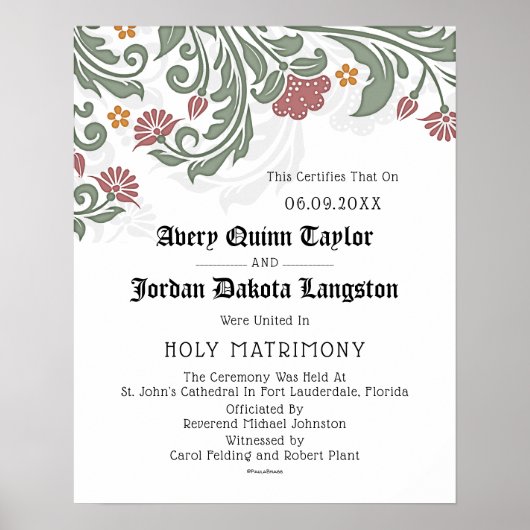 "Heilige Matrimonie" Floral Scroll Wedding Certifi Poster (Voorkant)