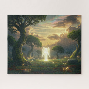 Heilige onbekende gloeiende engel in mysterieuze t legpuzzel