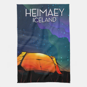 Heimaey, IJsland, camping vakantieposter. Theedoek