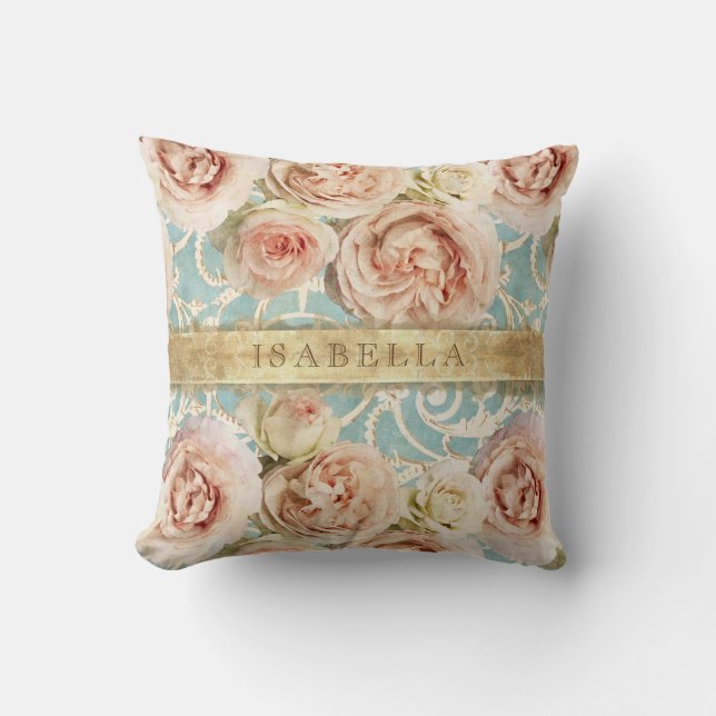 Heirloom Rozen met Damask Naam toevoegen Kussen (Voorkant)