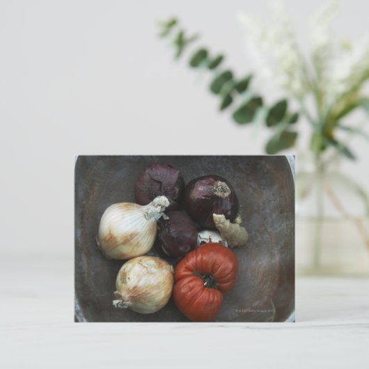 Heirloom tomato, gele ui, rode ui, gember briefkaart (Staand voorkant)