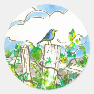 hek voor wolkendek met blauwe vogels ronde sticker