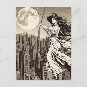 Heks boven de stad op een volle maan, Halloween Briefkaart