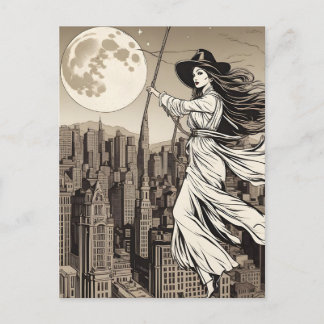 Heks boven de stad op een volle maan, Halloween Briefkaart