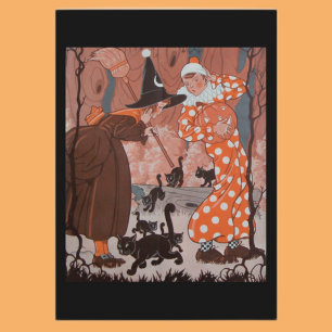 Heks, clown en zwarte katten Halloween vintage Kaart