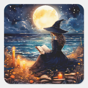 Heks die een boek leest - Wicca Halloween 1 Vierkante Sticker