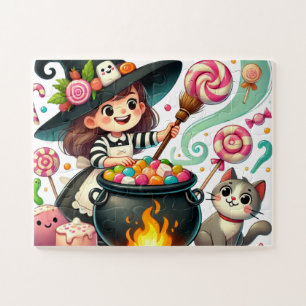 Heks die een pot Snoep roert Legpuzzel