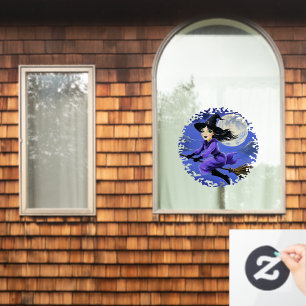 Heks die op een bezem vliegt - Wicca Halloween 7 Raamsticker