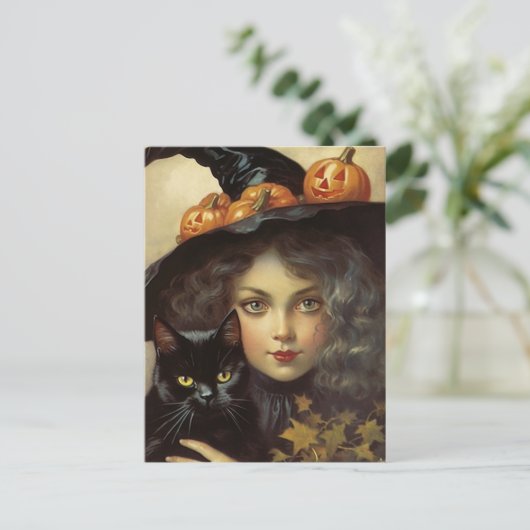 Heks en Black Cat Jack O Lantern Briefkaart (Staand voorkant)