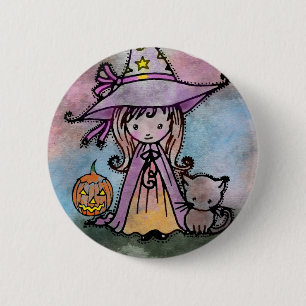 Heks en kat Halloween Pinback Knop Ronde Button 5,7 Cm