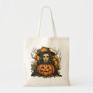 Heks en pompoen van Halloween op een Tote Bag