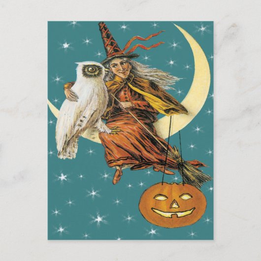 Heks en uil op het Briefkaart (Voorkant)