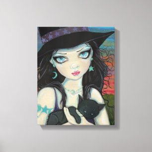 Heks en zwarte kat canvasprint van Peekaboo Canvas Afdruk