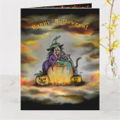 Heks en zwarte kat, gelukkig Halloween! Kaart (Gele Bloem)